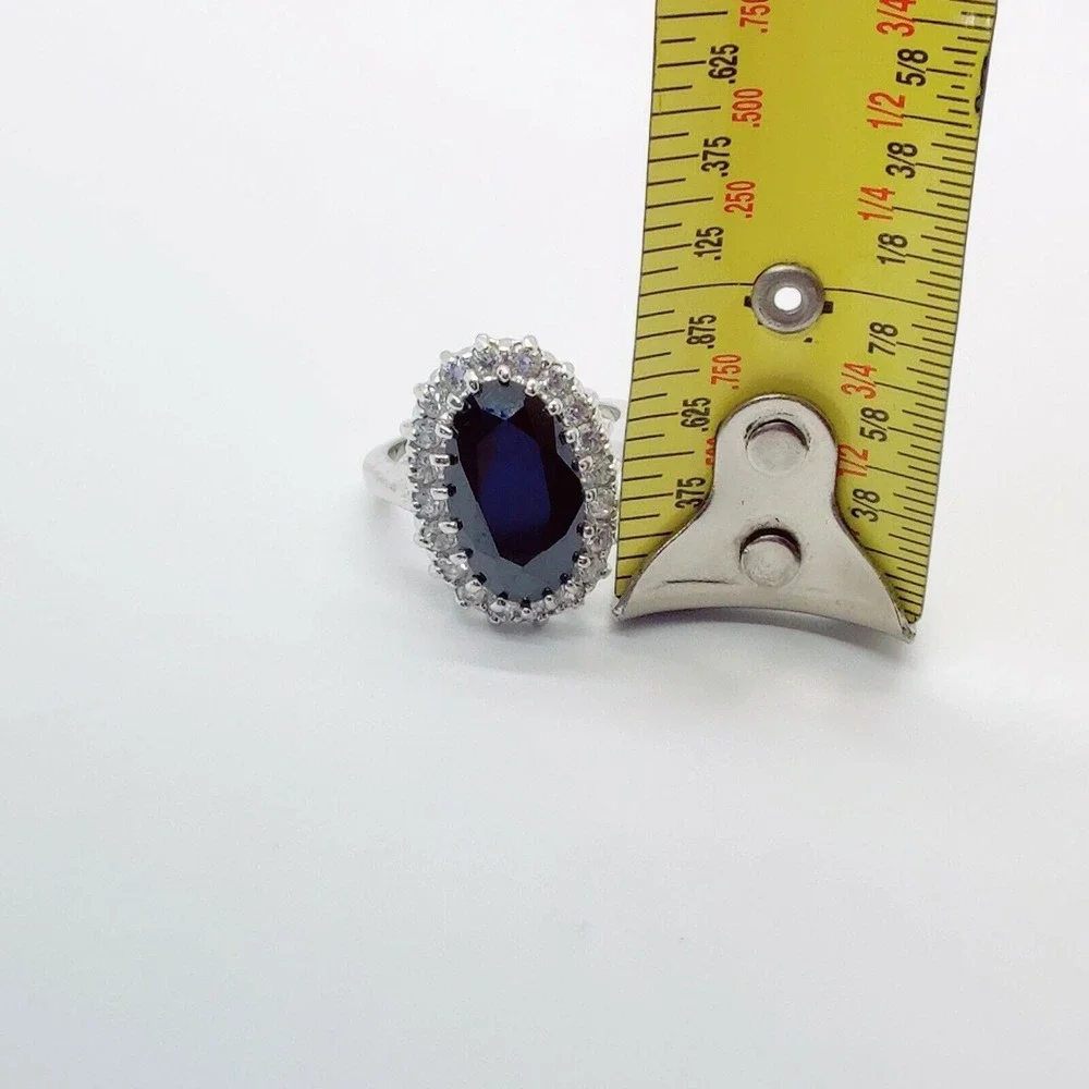 Oval Cut Black Gem CZ Halo Silver Tone Size 9 Statement Womens Cocktail‎ Ring